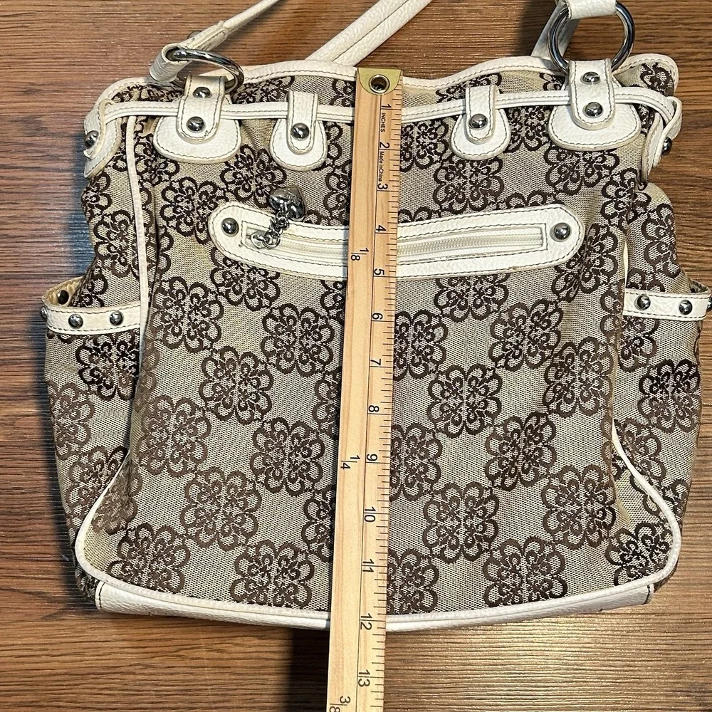 Kathy Van Zeeland Gold Metallic‎ Shopper Tan Floral Purse Handbag w/ Keychain
